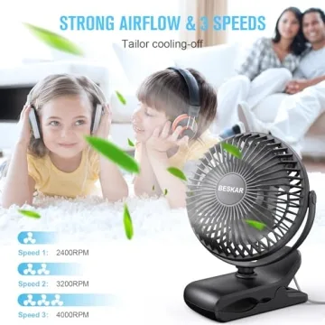 BESKAR Small Clip on Fan - 3 Speeds USB Plug Fan