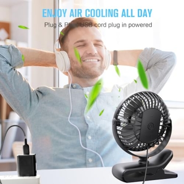 BESKAR Small Clip on Fan - 3 Speeds USB Plug Fan