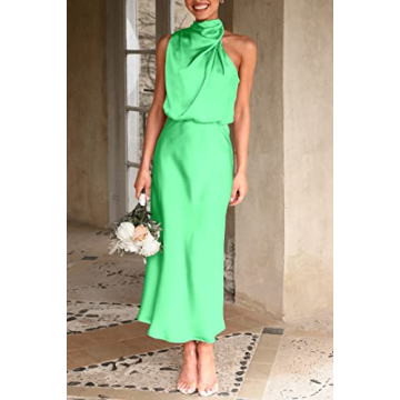 PRETTYGARDEN Women's 2025 Summer Satin Dress Elegant Sleeveless Mock Neck Cocktail Party Maxi Dresses (Grass Green,Small)