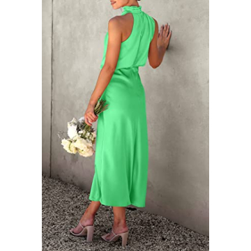 PRETTYGARDEN Women's 2025 Summer Satin Dress Elegant Sleeveless Mock Neck Cocktail Party Maxi Dresses (Grass Green,Small)