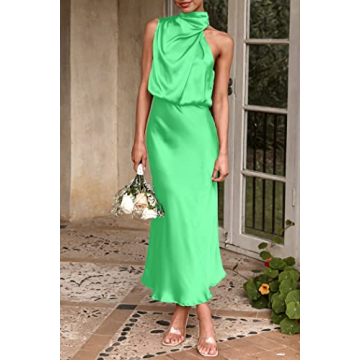 PRETTYGARDEN Women's 2025 Summer Satin Dress Elegant Sleeveless Mock Neck Cocktail Party Maxi Dresses (Grass Green,Small)