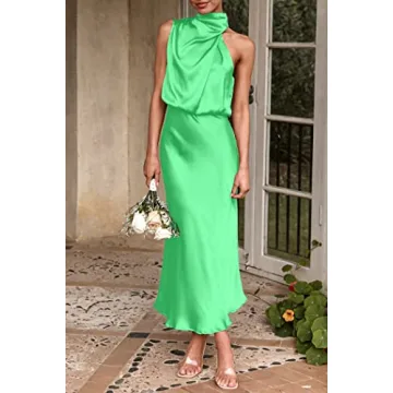 PRETTYGARDEN Women's 2025 Summer Satin Dress Elegant Sleeveless Mock Neck Cocktail Party Maxi Dresses (Grass Green,Small)