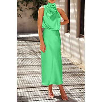 PRETTYGARDEN Women's 2025 Summer Satin Dress Elegant Sleeveless Mock Neck Cocktail Party Maxi Dresses (Grass Green,Small)