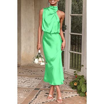 PRETTYGARDEN Women's 2025 Summer Satin Dress Elegant Sleeveless Mock Neck Cocktail Party Maxi Dresses (Grass Green,Small)