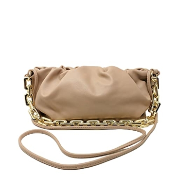 Prime Original Women's Chain Pouch Bag | Cloud-Shaped Dumpling Clutch Purse | Ruched Chain Shoulder Handbag (Beige)