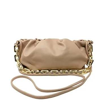 Prime Original Women's Chain Pouch Bag | Cloud-Shaped Dumpling Clutch Purse | Ruched Chain Shoulder Handbag (Beige)