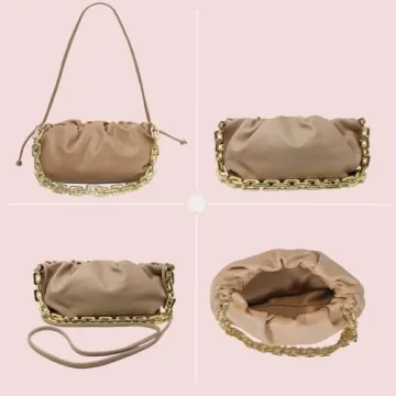 Prime Original Women's Chain Pouch Bag | Cloud-Shaped Dumpling Clutch Purse | Ruched Chain Shoulder Handbag (Beige)
