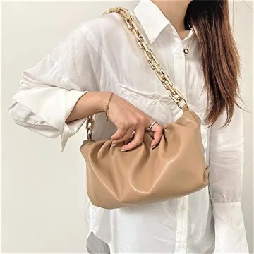 Prime Original Women's Chain Pouch Bag | Cloud-Shaped Dumpling Clutch Purse | Ruched Chain Shoulder Handbag (Beige)