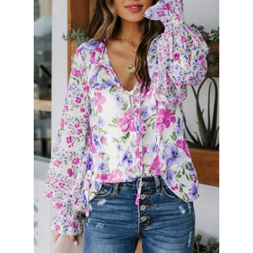 Biucly Boho Floral V Neck Blouse for Women 2024