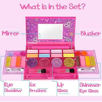 Kids Washable Makeup Kit, Fold Out Cosmetic Vanity Palette with Mirror, Make Up Toy Beauty Kit for Girls Pretend Play - Safety Tested - Non Toxic