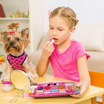 Kids Washable Makeup Kit, Fold Out Cosmetic Vanity Palette with Mirror, Make Up Toy Beauty Kit for Girls Pretend Play - Safety Tested - Non Toxic