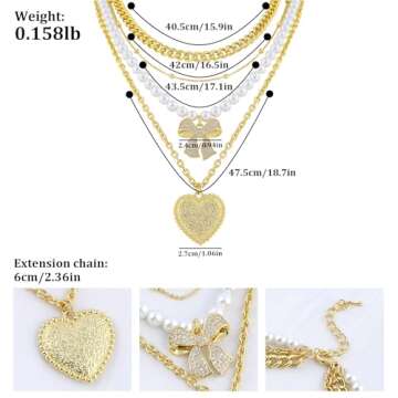Multilayered Gold Bow Heart Necklace for Women 14K Gold Plated Love Heart Pendant Necklace Cubic Zir...