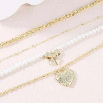 Multilayered Gold Bow Heart Necklace for Women 14K Gold Plated Love Heart Pendant Necklace Cubic Zirconia Bow Knot Charm Pearl Necklace Ball Beads Chunky Curb Chain Choker Adjustable Jewelry Gift
