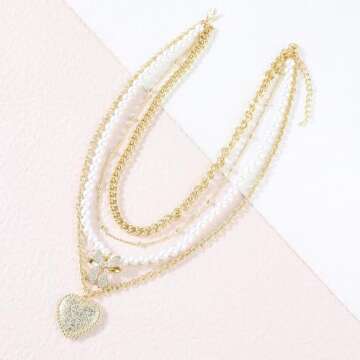 Multilayered Gold Bow Heart Necklace for Women 14K Gold Plated Love Heart Pendant Necklace Cubic Zirconia Bow Knot Charm Pearl Necklace Ball Beads Chunky Curb Chain Choker Adjustable Jewelry Gift