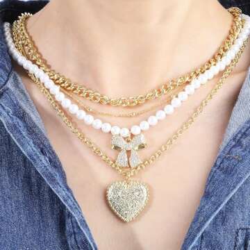 Multilayered Gold Bow Heart Necklace for Women 14K Gold Plated Love Heart Pendant Necklace Cubic Zirconia Bow Knot Charm Pearl Necklace Ball Beads Chunky Curb Chain Choker Adjustable Jewelry Gift