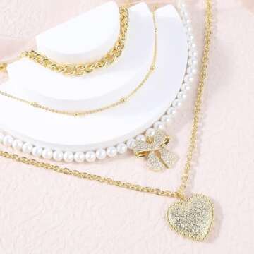 Multilayered Gold Bow Heart Necklace for Women 14K Gold Plated Love Heart Pendant Necklace Cubic Zirconia Bow Knot Charm Pearl Necklace Ball Beads Chunky Curb Chain Choker Adjustable Jewelry Gift