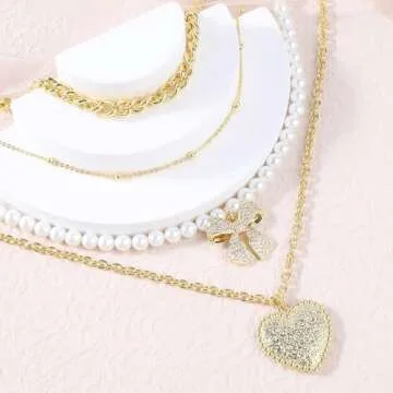 Multilayered Gold Bow Heart Necklace for Women 14K Gold Plated Love Heart Pendant Necklace Cubic Zirconia Bow Knot Charm Pearl Necklace Ball Beads Chunky Curb Chain Choker Adjustable Jewelry Gift