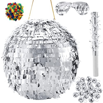 Lewtemi 11.8 Inch Silver Disco Ball Piñata with 1 Piñata Bat, Blindfold, Confetti & Mirror Balls