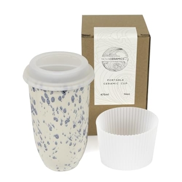 NOVA CERAMICS Travel Coffee Mug – Beautiful Orchid Design – 16oz, Microwave & Dishwasher Safe ?...