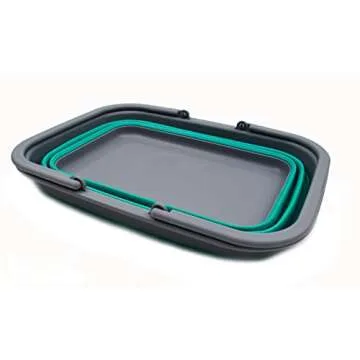 SAMMART 9.2L (2.37Gallon) Collapsible Tub with Handle - Portable Outdoor Picnic Basket/Crater - Foldable Shopping Bag - Space Saving Storage Container (1, Grey/Bluish-Green)