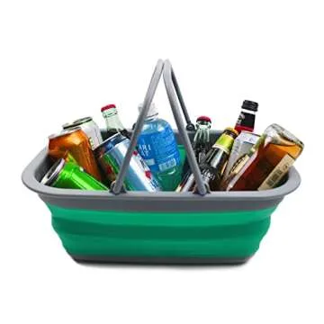 SAMMART 9.2L (2.37Gallon) Collapsible Tub with Handle - Portable Outdoor Picnic Basket/Crater - Foldable Shopping Bag - Space Saving Storage Container (1, Grey/Bluish-Green)