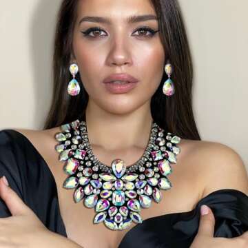 Flyonce Costume Jewelry for Women, Rhinestone Crystal Statement Necklace Earrings Set Iridescent Clear AB Silver-Tone