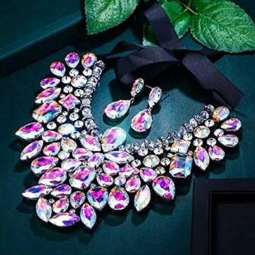 Flyonce Rhinestone Statement Necklace and Earrings Set