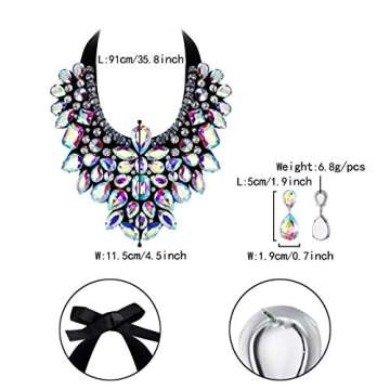 Flyonce Costume Jewelry for Women, Rhinestone Crystal Statement Necklace Earrings Set Iridescent Clear AB Silver-Tone