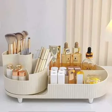 Rotating makeup organizer,Large Capacity Cosmetic Display Case, easy to hold all of your makeup products, at least 20 makeup brushes/eyeliner,10 lipsticks,8 skincare products(Black)