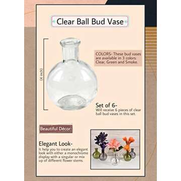 Serene Spaces Living Set of 6 Small Clear Ball Bud Vases, Transparent Glass Vases for Weddings, Events, Parties, Floral Centerpieces for Home Decor, Measures 4" Tall
