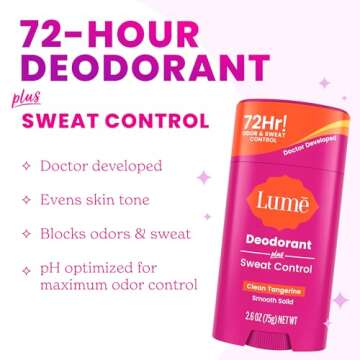 Lume Deodorant Plus Sweat Control - Smooth Solid Stick - Maximum Strength Antiperspirant - 72 Hour O...