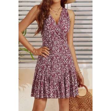 FENSACE Date Night Dresses for Women Summer Short Mini Red Dress(Floral-22,Large)