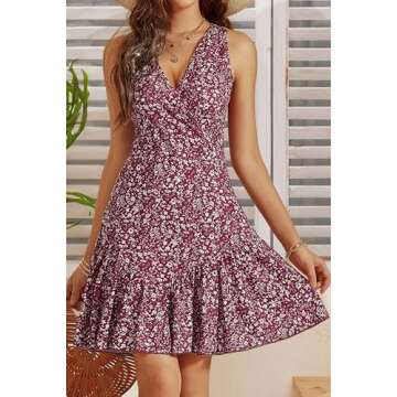 FENSACE Date Night Dresses for Women Summer Short Mini Red Dress(Floral-22,Large)