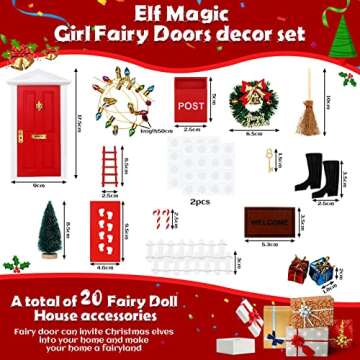 20 Pcs Christmas Elf Girl Fairy Doors Decorations Enchanted Elf Doors Tiny Outdoor Xmas Decor Wooden Tiny Miniature for Child Xmas Accessories Fairy Tale(Red)