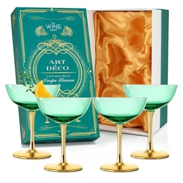 Colored Coupe Art Deco Glasses, Gold | Set of 4 | 12 oz Classic Cocktail Glassware for Champagne, Ma...