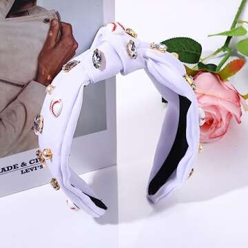 Baseball Knotted Headband with Crystal Charms for Fans