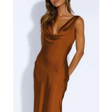 Satin Cowl Neck Sleeveless Backless Maxi Wedding Guest Dress Silk Open Back Tie Back Prom Formal Dresses for Women 2025 Brown