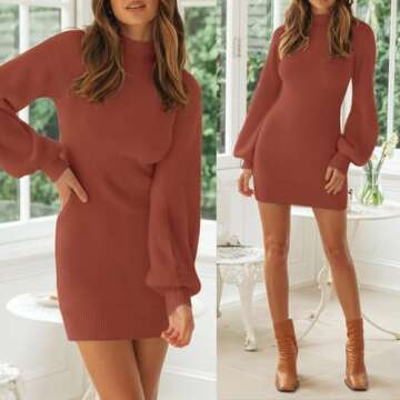 ZESICA Women's 2024 Casual Turtleneck Long Puff Sleeve Soft Fuzzy Knit Bodycon Pullover Mini Sweater Dress,Rust,Large