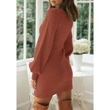 ZESICA Women's 2024 Casual Turtleneck Long Puff Sleeve Soft Fuzzy Knit Bodycon Pullover Mini Sweater Dress,Rust,Large