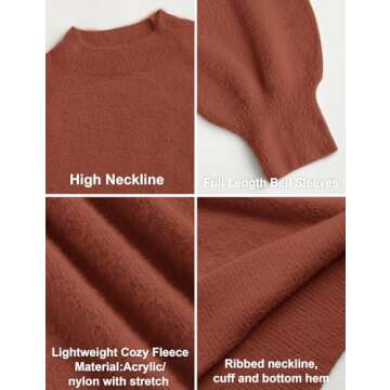 ZESICA Women's 2024 Casual Turtleneck Long Puff Sleeve Soft Fuzzy Knit Bodycon Pullover Mini Sweater Dress,Rust,Large