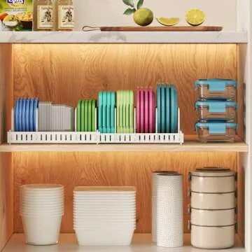 Expandable Food Container Lid Organizer,Large Capacity Adjustable 10 Dividers Detachable Lid Organizer Rack for Cabinets, Cupboards, Pantry Shelves, Drawers to Keep Kitchen Tidy,White(Patent Pending)