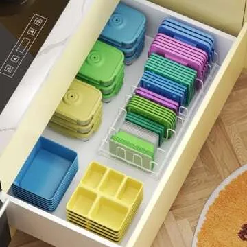 Expandable Food Container Lid Organizer,Large Capacity Adjustable 10 Dividers Detachable Lid Organizer Rack for Cabinets, Cupboards, Pantry Shelves, Drawers to Keep Kitchen Tidy,White(Patent Pending)