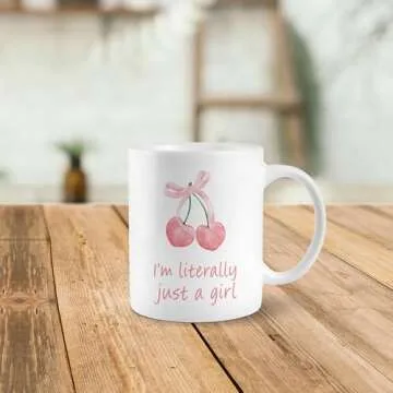 PUHEI Pink Bow Cherry Mug, Coquette Mug, Girly Coffee Mug, Girly Gifts for Women Girls, Coquette Gifts, Preppy Pink Coffee Mug, Preppy Gifts, I'm Literally Just a Girl Ceramic Coffee Mug 11 oz
