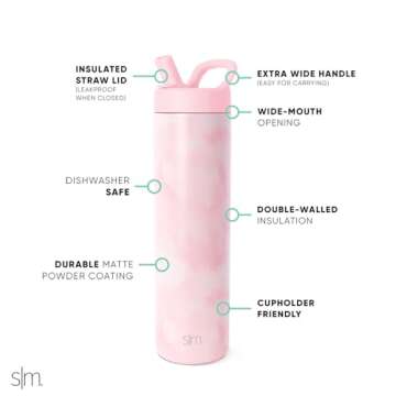 Simple Modern Water Bottle with Straw lid | Insulated Stainless Steel Thermos | Reusable Travel Water Bottles for Gym & Sports | Leak Proof & BPA Free | Mesa Collection | 24oz, Blush Tie Dye