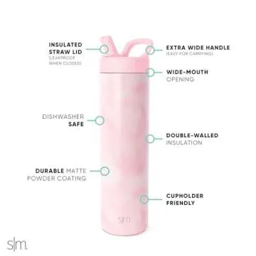 Simple Modern Water Bottle with Straw lid | Insulated Stainless Steel Thermos | Reusable Travel Water Bottles for Gym & Sports | Leak Proof & BPA Free | Mesa Collection | 24oz, Blush Tie Dye