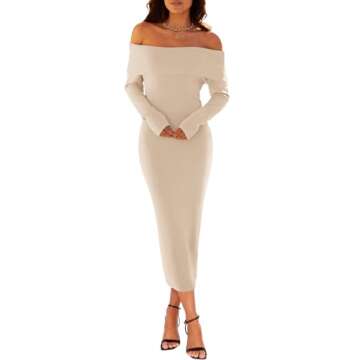 MEROKEETY Women's Winter Off Shoulder Bodycon Sweater Dress Formal Long Sleeve Elegant Cocktail Part...