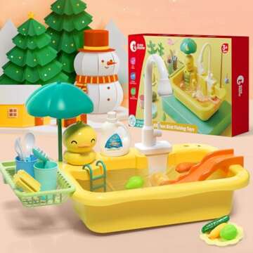 CUTE STONE Play Sink with Running Water, Kitchen Sink Toys with Play Food and Kitchen Utensils, Pool...