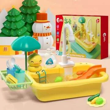 CUTE STONE Play Sink with Running Water, Kitchen Sink Toys with Play Food and Kitchen Utensils, Pool...