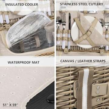 19Pcs Picnic Basket for 2 with Insulated Liner and Waterproof Picnic Blanket Wine Pouch, Large Wicker Picnic Hamper for Camping,Outdoor,Valentine Christmas for Couples