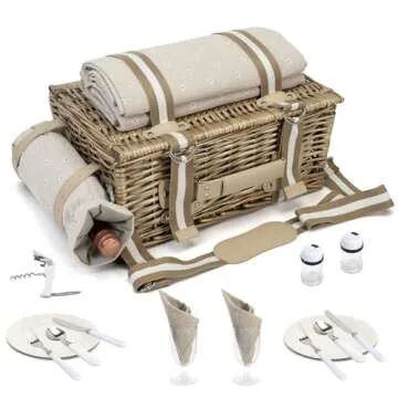 19Pcs Picnic Basket for 2 with Insulated Liner and Waterproof Picnic Blanket Wine Pouch, Large Wicker Picnic Hamper for Camping,Outdoor,Valentine Christmas for Couples